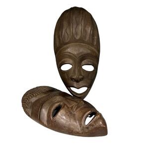 Vtg Handcarved African Man & Woman Wooden Mask Decorative Art 6"x 12" Brown